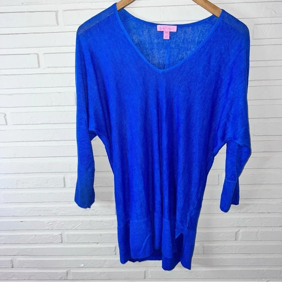 Lilly Pulitzer Oversized Blue V Neck Linen Sweater, Women’s Size Small - Picture 2 of 8